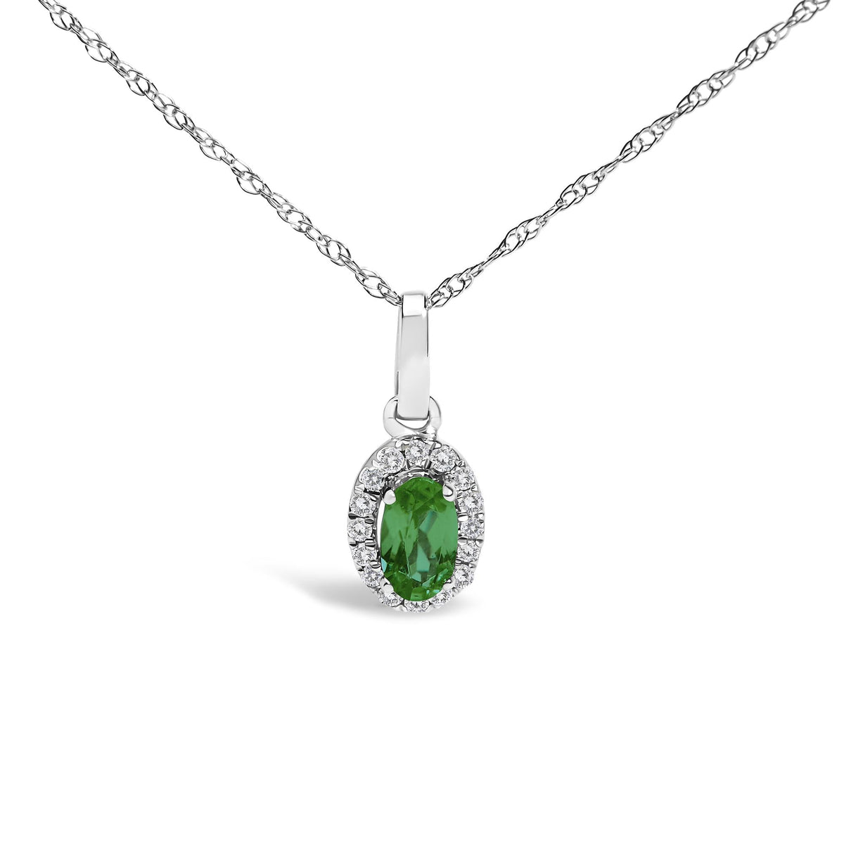 10K White Gold 5x3mm Gemstone and Diamond Accent Halo Oval Shape 18" Pendant Necklace (I-J Color, I1-I2 Clarity)
