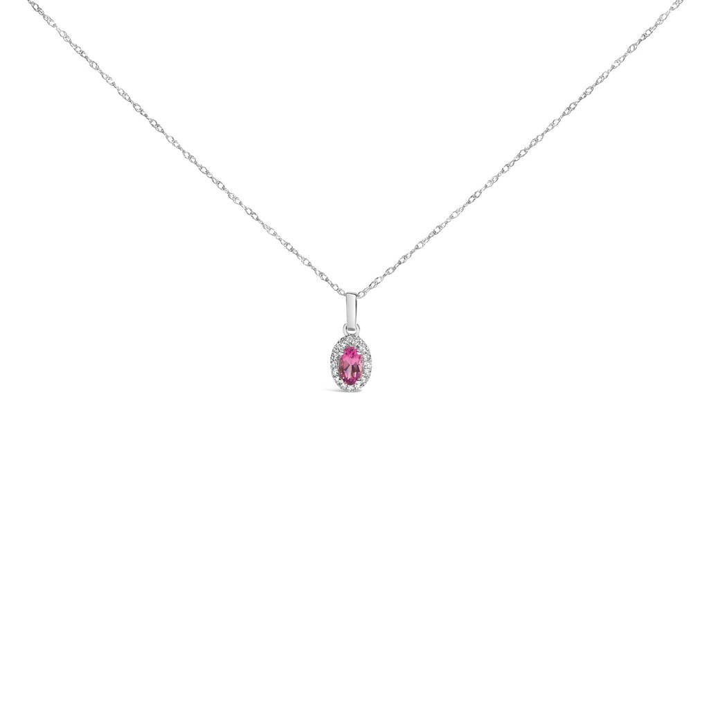 10K White Gold 5x3mm Gemstone and Diamond Accent Halo Oval Shape 18" Pendant Necklace (I-J Color, I1-I2 Clarity)