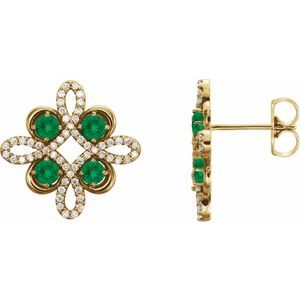 14K Yellow Gold Natural Emerald & 1/4 CTW Natural Diamond Earrings