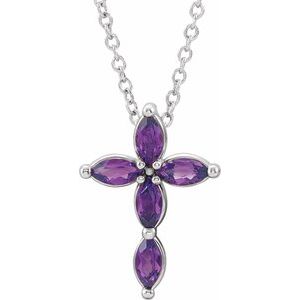 14K White Gold Natural Amethyst Cross 16-18" Necklace