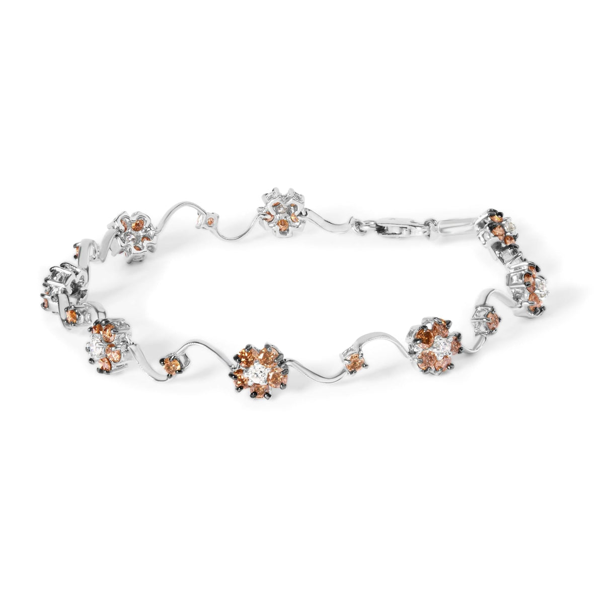 10K White Gold 4.0 Cttw Champagne and White Diamond Floral Cluster and Station Link Bracelet (H-I Color, SI2-I1 Clarity) - 7"