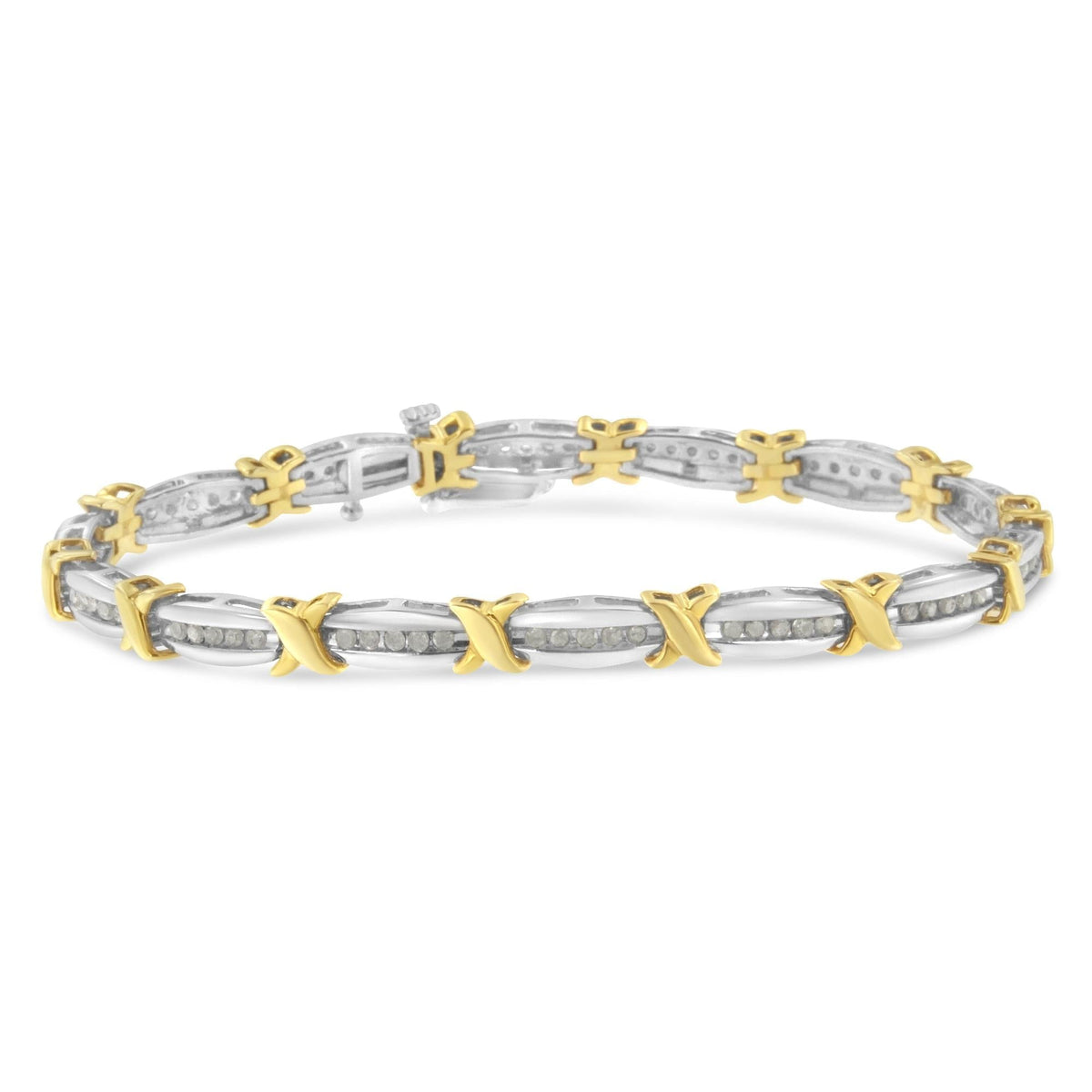 Two-Tone 10K Yellow Gold over .925 Sterling Silver 1.0 Cttw Diamond Channel Set Tapered & X-Link 7" Tennis Bracelet (H-I