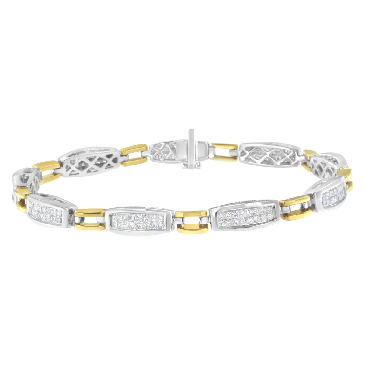 14K Yellow and White Gold 2.0 Cttw Princess Cut Diamond Tapered and Equal Sign Link Bracelet (G-H Color, SI1-SI2 Clarity)