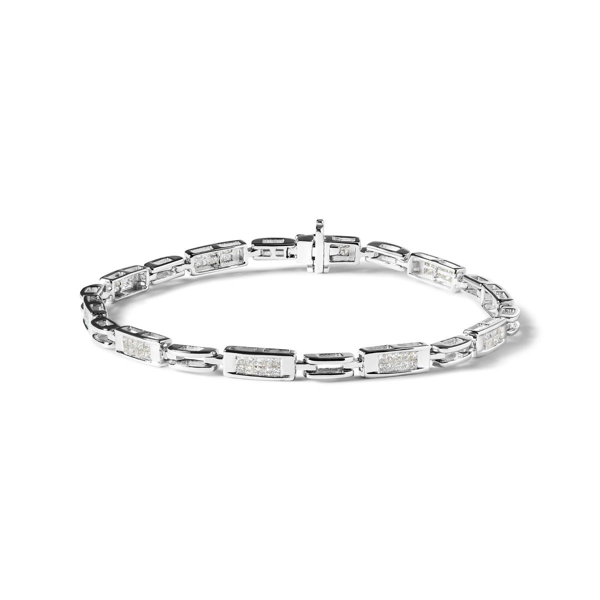 14K White Gold 1.0 Cttw Invisible Set Princess Cut Diamond Alternating Station and Link Tennis Bracelet (I-J Color, I1-I2