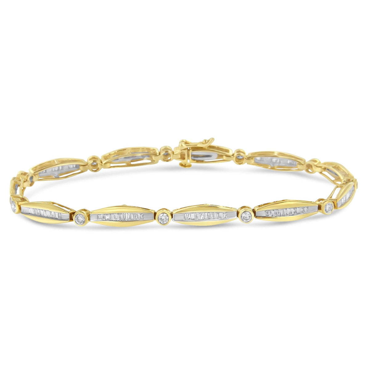 14K Yellow Gold 1-1/2 Cttw Round Brilliant-Cut & Baguette Cut Diamond Bezel and Tapered Link 7" Tennis Bracelet (H-I Color