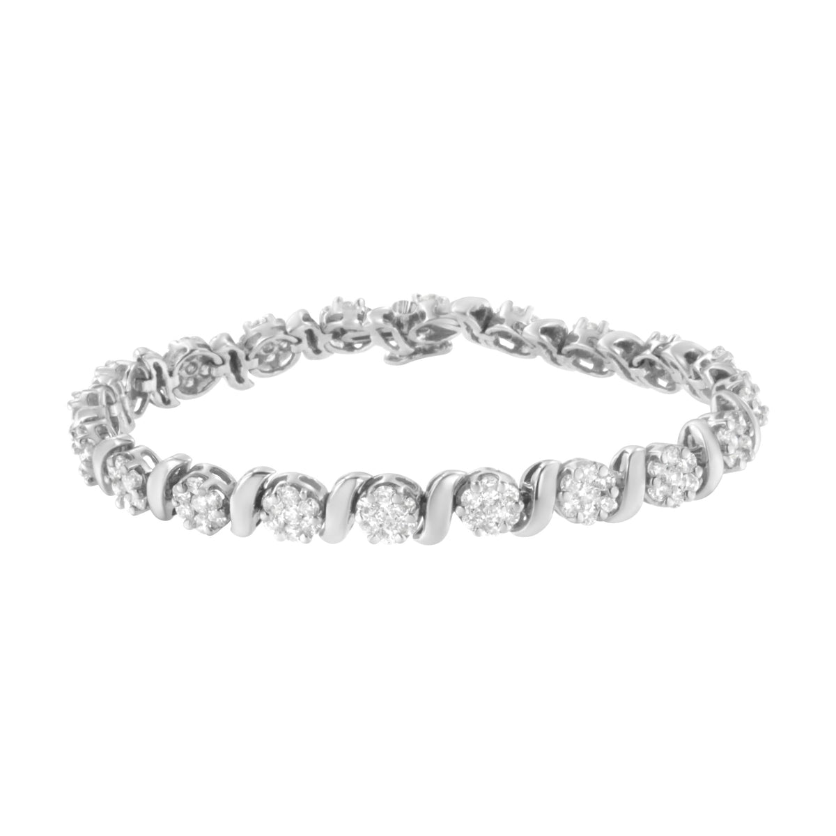 14K White Gold 5 1/4 cttw Diamond S-Link Floral Cluster Tennis Bracelet - Size 7"