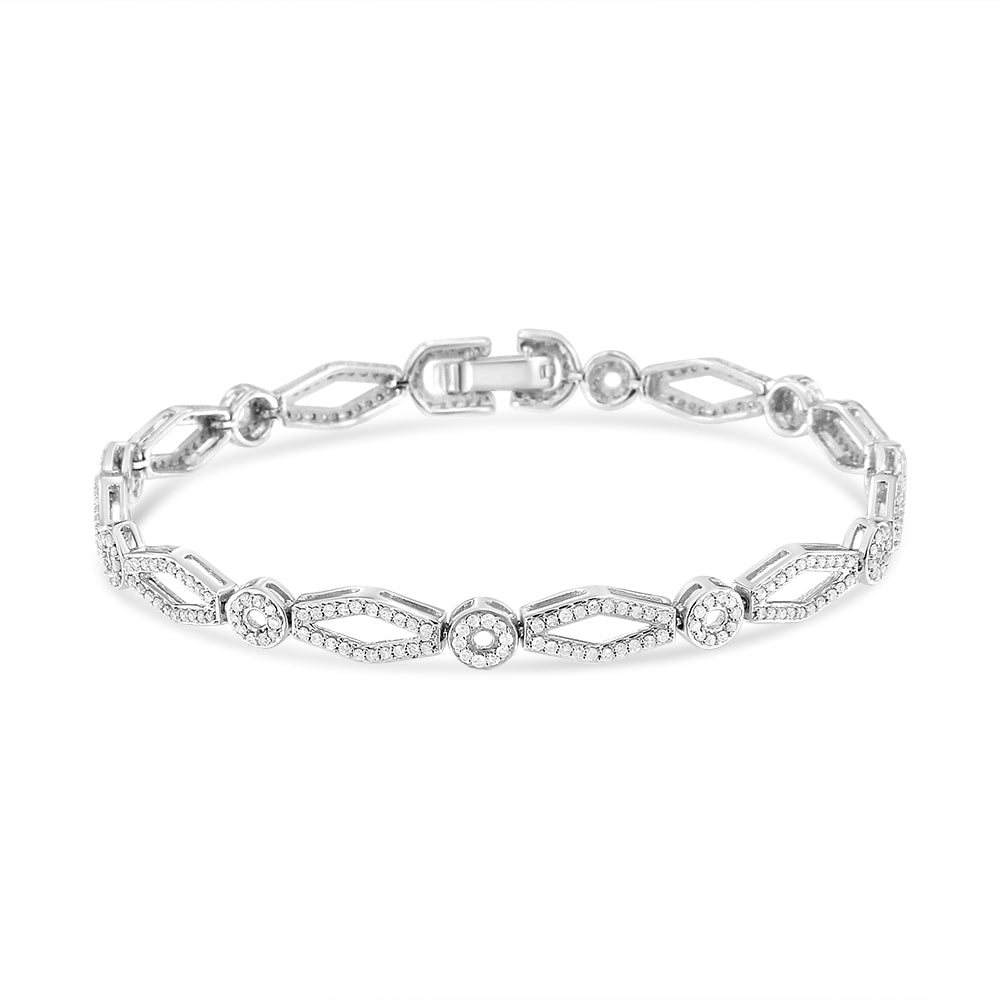 .925 Sterling Silver 1 1/2 Cttw Diamond Studded Alternating Circle and Kite-Shaped Vintage-Style Link Bracelet (I-J Color