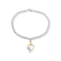 10K Yellow Gold 1/10 Cttw Diamond Awareness Ribbon & Heart Charm on 7" .925 Sterling Silver Rolo Bracelet (H-I Color, I1-I2