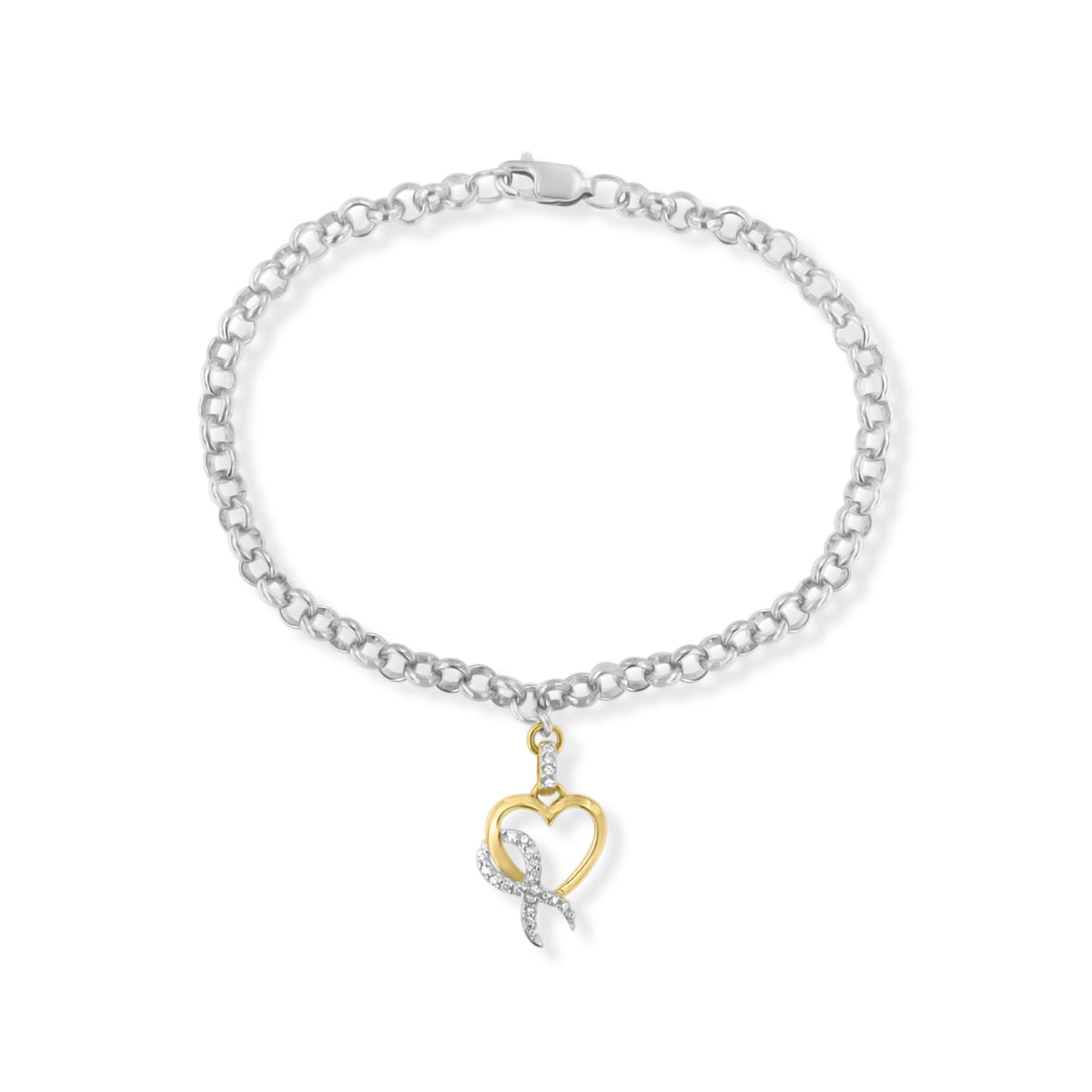 10K Yellow Gold 1/10 Cttw Diamond Awareness Ribbon & Heart Charm on 7" .925 Sterling Silver Rolo Bracelet (H-I Color, I1-I2