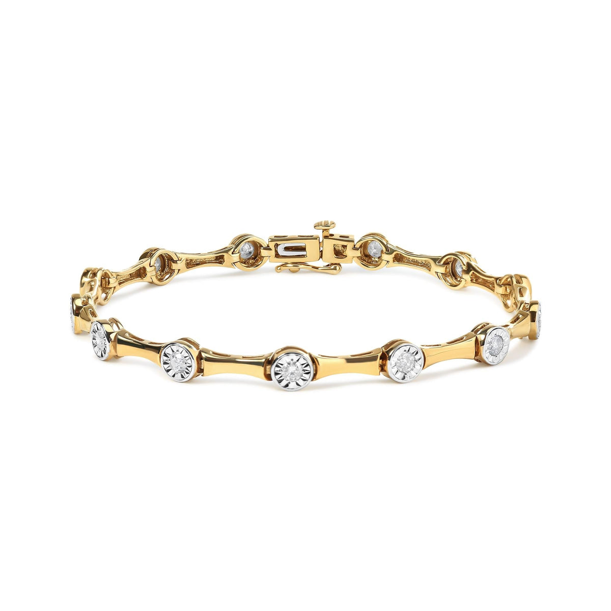 10K Yellow Gold Plated .925 Sterling Silver 1.0 Cttw Miracle Set Diamond Bezel Style Station Link Bracelet (H-I Color, I3