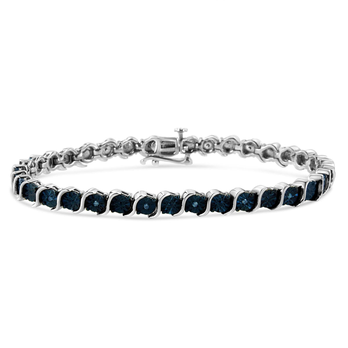 .925 Sterling Silver 1/10 Cttw Miracle-Set Treated Blue Color Diamond Miracle Plate "S" Link Tennis Bracelet (Blue Color, I2