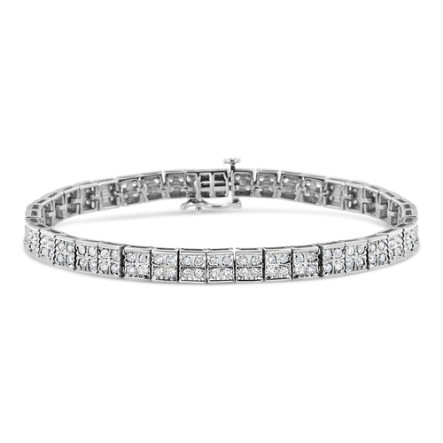 Pulsera de eslabones de caja de plata de ley .925 con 2 Cttw de diamante de corte redondo engastado con 4 piedras (color I-J, claridad I3) - 7.25"