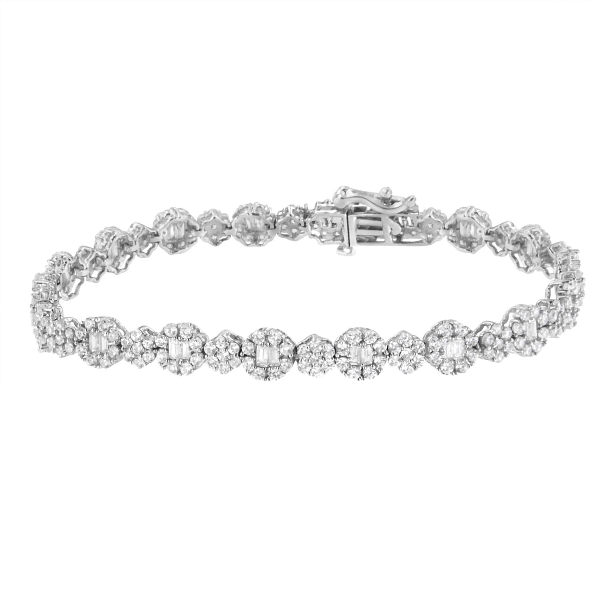 10K White Gold 4.0 cttw Brilliant Round-cut and Baguette Diamond Floral Cluster Link Bracelet - Size 7"
