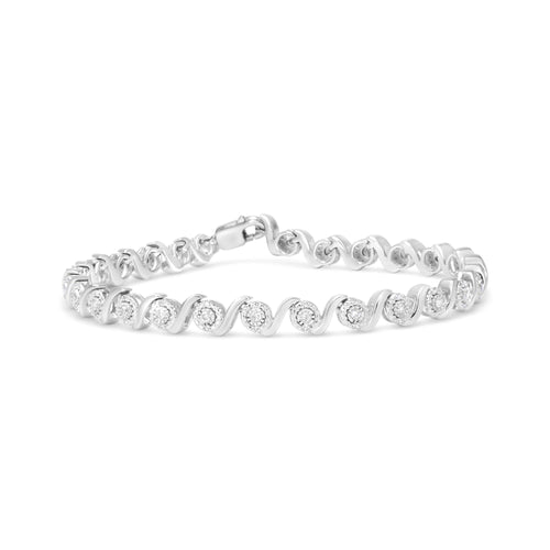 Pulsera de plata esterlina .925 con 1/2 quilate total de diamante redondo en halo y enlace en S (color I-J, claridad I2-I3) - 7.25"