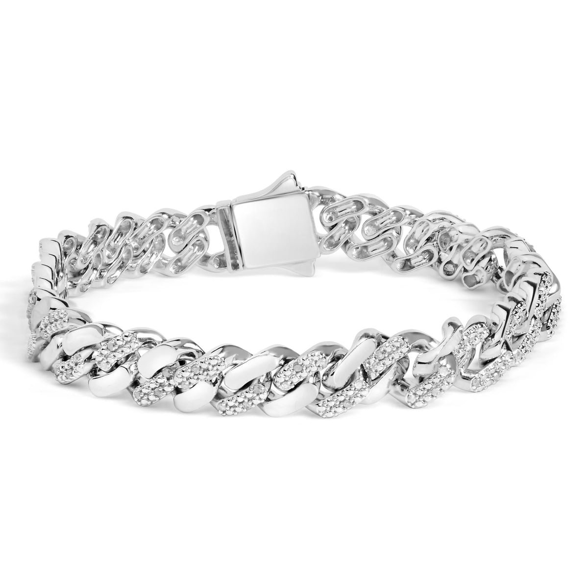 .925 Sterling Silver 1/2 Cttw Diamond Cuban Curb Chain Bracelet (I-J Color, I3 Clarity)- 8.5" Inches