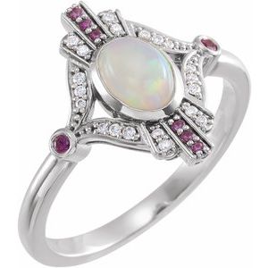 14K White Gold Natural Ethiopian Opal, Natural Pink Sapphire & .06 CTW Natural Diamond Cabochon Ring