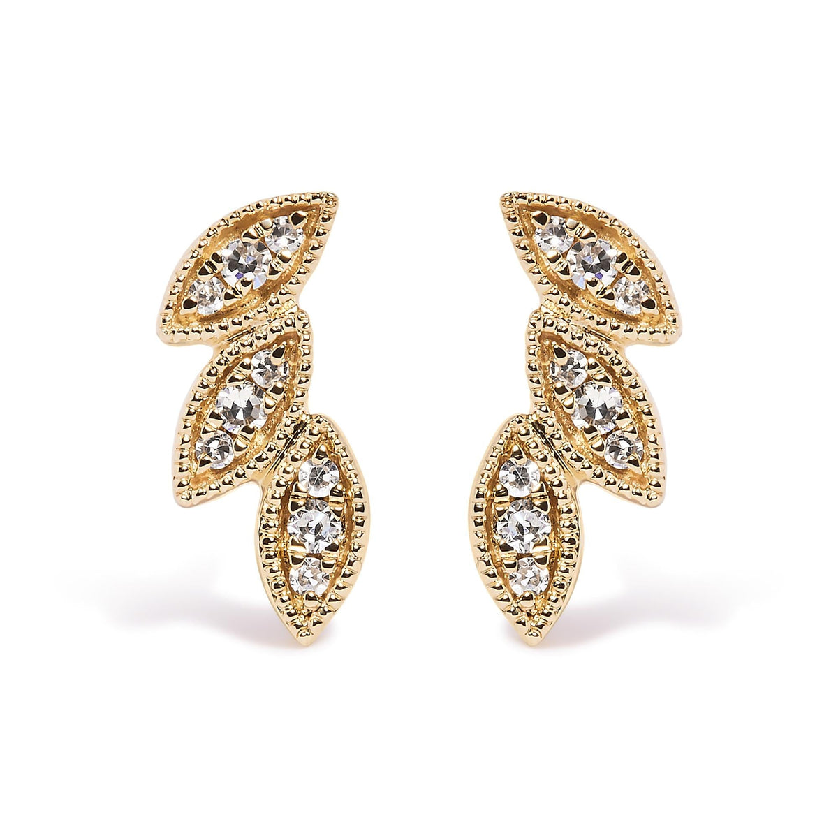 10K Yellow Gold 1/10 Cttw Diamond Triple Leaf Stud Earring (H-I Color, I1-I2 Clarity)