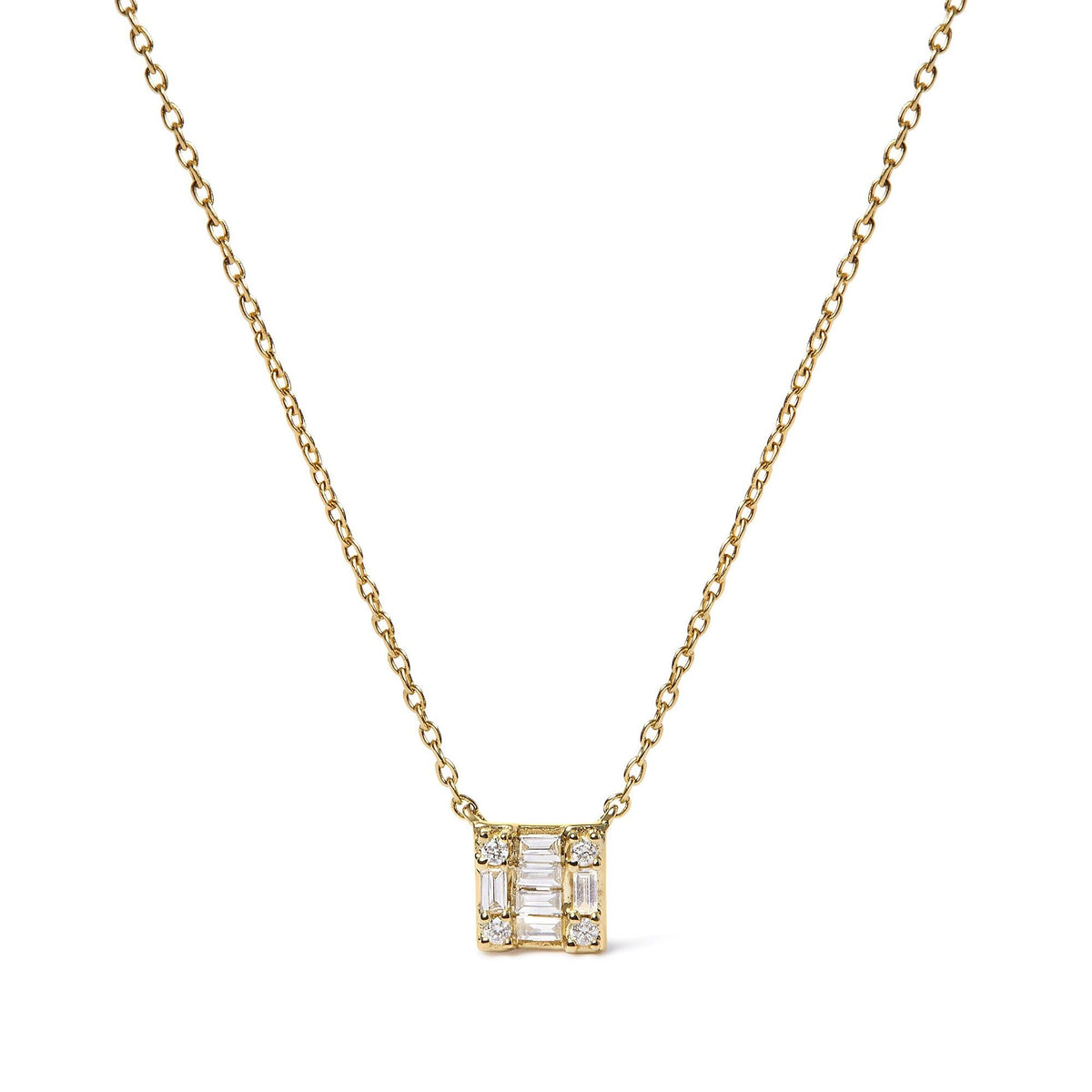 10K Yellow Gold 1/10 Cttw Round and Baguette Diamond Mosaic Composite Square 18" Inch Pendant Necklace (H-I Color, I1-I2