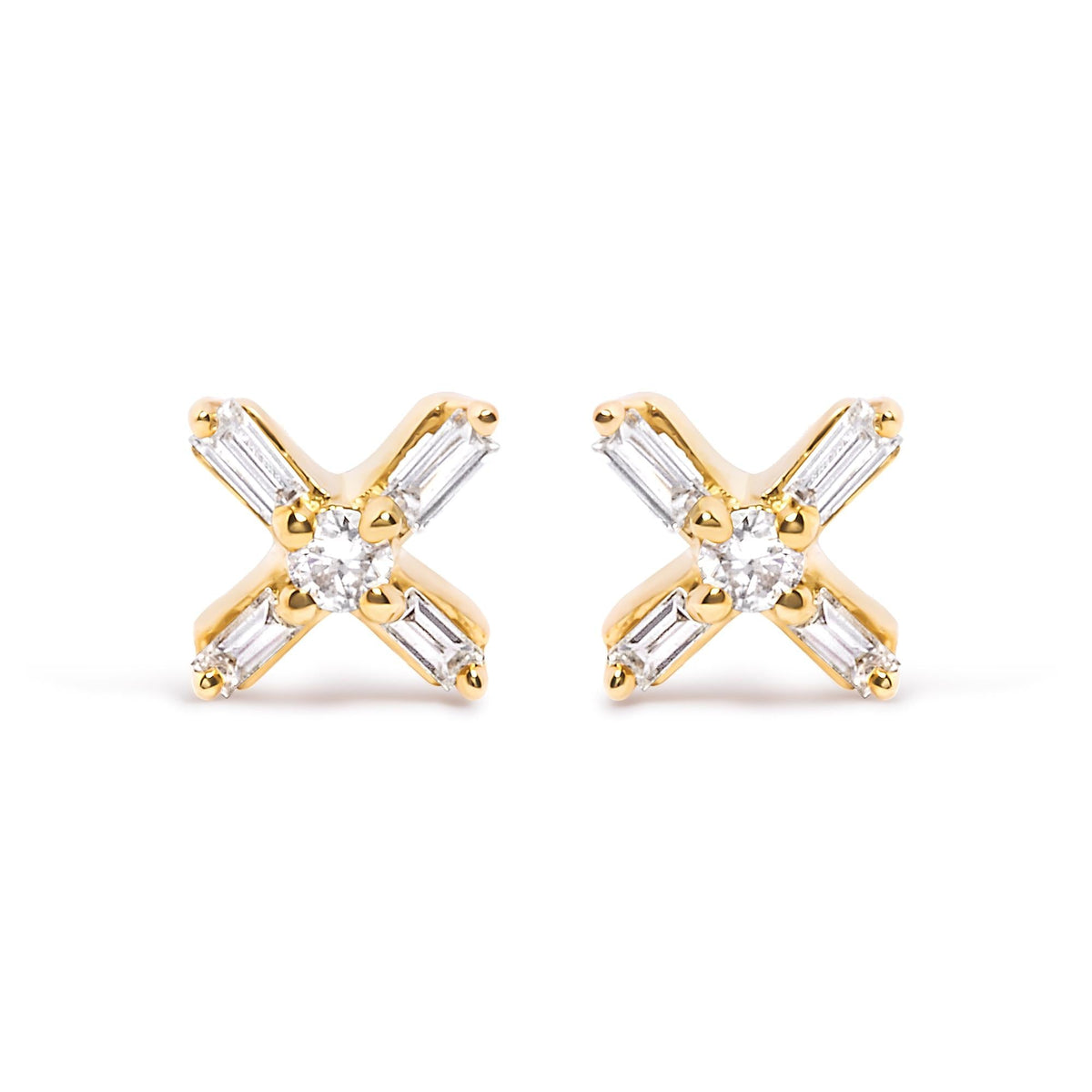 10K Yellow Gold 1/10 Cttw Round and Baguette Diamond Criss Cross X Stud Earring (H-I Color, I1-I2 Clarity)