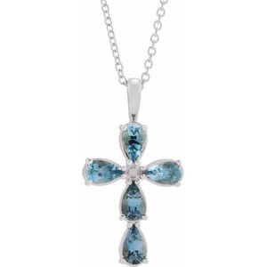 14K White Gold Natural Aquamarine Cross 16-18" Necklace