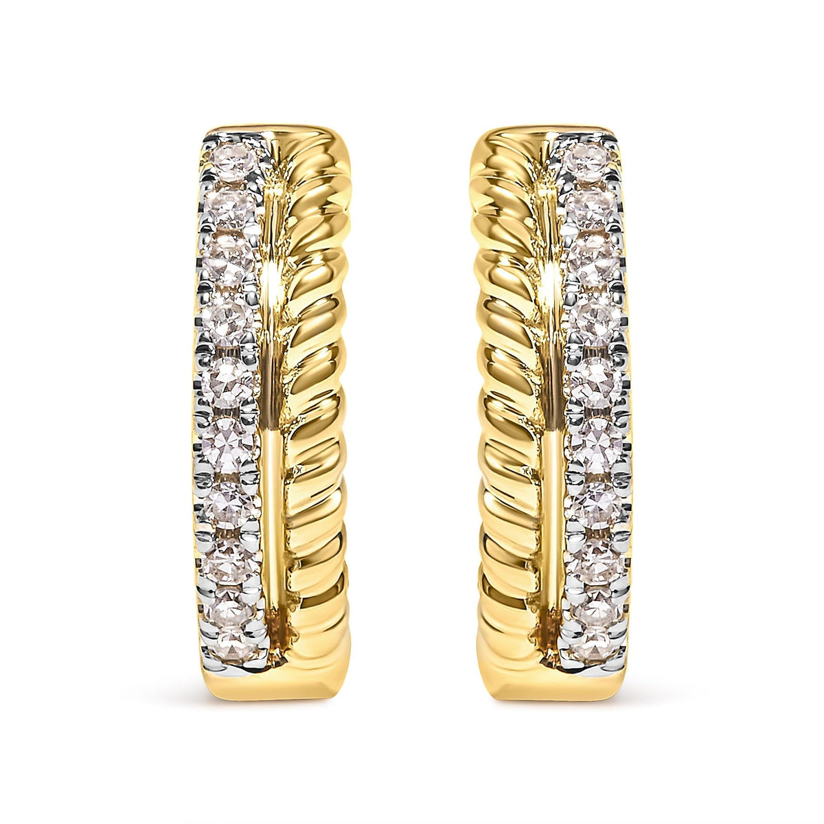 10K Yellow Gold 1/10 Cttw Diamond and Rope Twist Huggy Hoop Earrings (H-I Color, I1-I2 Clarity)