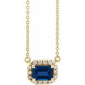14K Yellow Gold 5x3 mm Lab-Grown Blue Sapphire & 1/8 CTW Natural Diamond Halo-Style 18" Necklace
