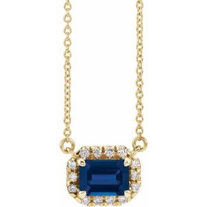 14K Yellow Gold 5x3 mm Lab-Grown Blue Sapphire & 1/8 CTW Natural Diamond Halo-Style 18" Necklace