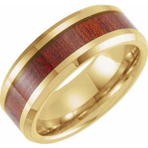 18K Yellow Gold PVD Tungsten 8 mm Beveled-Edge Walnut Wood Inlay Comfort-Fit Band Size 13