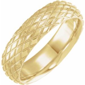 14K Yellow Gold 6 mm Grooved Rhombus Pattern Comfort-Fit Half Round Band Size 10