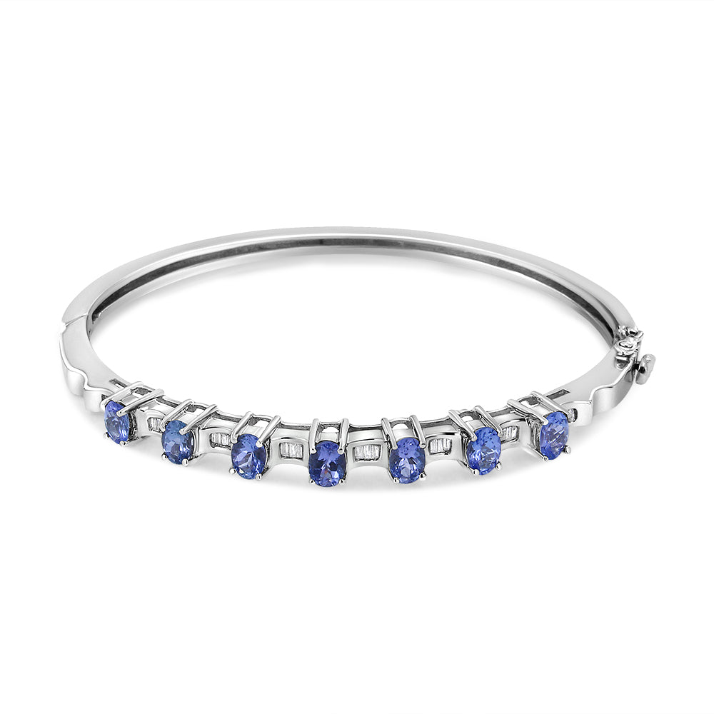 14K White Gold 5 MM Oval Blue Tanzanite and 1/4 Cttw Diamond Bangle (H-I Color, VS2-SI1 Clarity) - Fits wrists up to 7 1/2