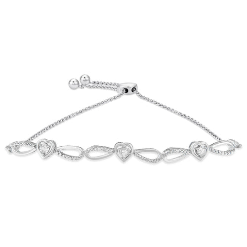 Pulsera tipo bolo ajustable de 4 a 10 pulgadas con corazón e infinito, en plata de ley .925 con acento de diamante (color I-J, claridad I3)