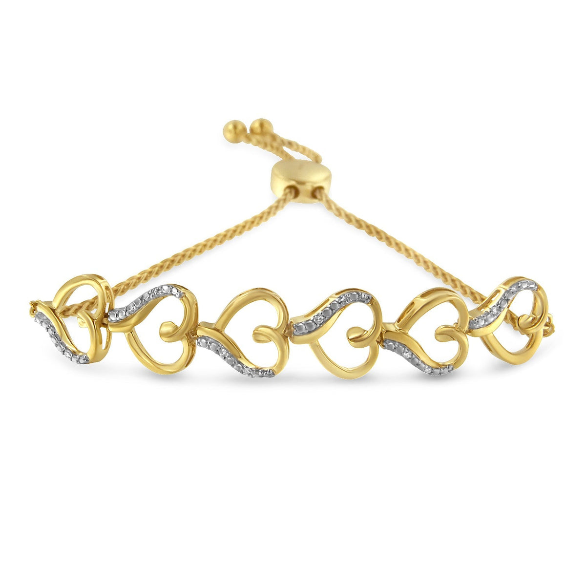 10K Yellow Gold over .925 Sterling Silver Diamond Accented Open Hearts 6”-9” Adjustable Chain Bolo Bracelet (H-I Color, I2-I3