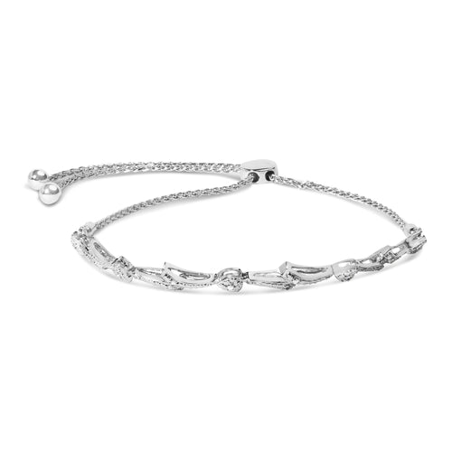 Pulsera bolo de plata de ley .925 con eslabón de corazón y onda con diamantes de acento (color I-J, claridad I2-I3) - Ajustable de 6" a 9"