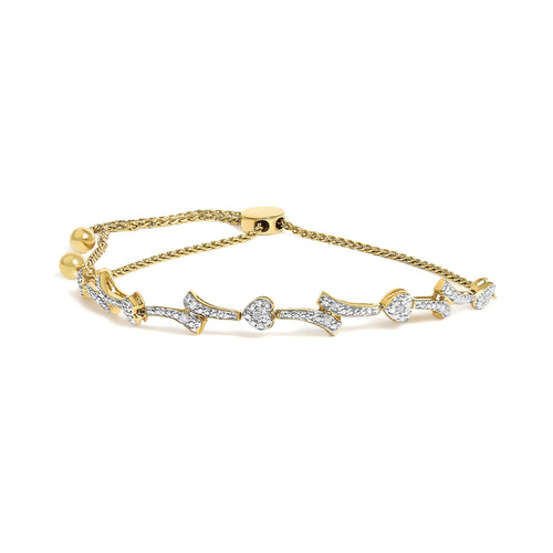 Pulsera bolo de plata de ley .925 con eslabón de corazón y onda con diamantes de acento (color I-J, claridad I2-I3) - Ajustable de 6" a 9"