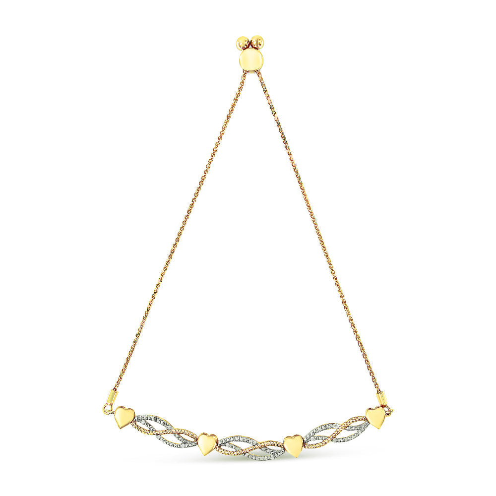 14K Yellow Gold Plated .925 Sterling Silver 1/10 Cttw Diamond Wave and Hearts Bolo Bracelet (I-J Color, I2-I3 Clarity)