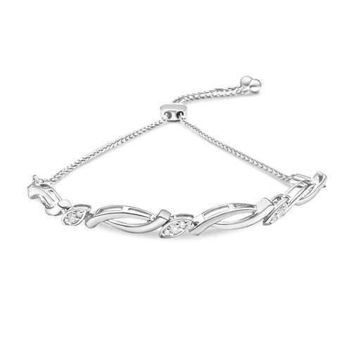 Pulsera bolo de plata de ley .925 con eslabones alternos de remolino y diamantes de acento (color I-J, claridad I2-I3) - Ajustable de 6" a 9"