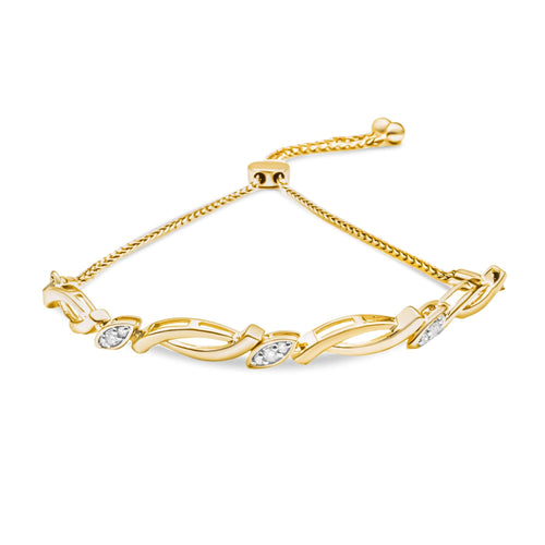 Pulsera bolo de plata de ley .925 con eslabones alternos de remolino y diamantes de acento (color I-J, claridad I2-I3) - Ajustable de 6" a 9"