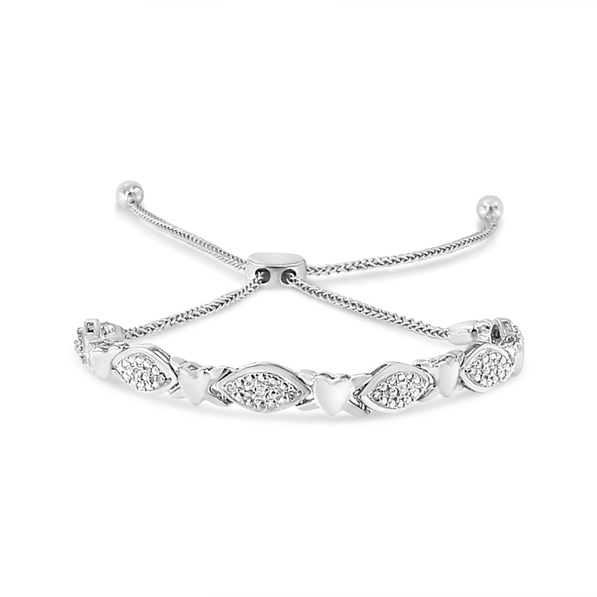 .925 Sterling Silver Diamond Accent Alternating Marquise Shape and Heart Links Bolo Bracelet (I-J Color, I3 Clarity)