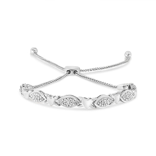 Pulsera bolo de plata de ley .925 con diamantes de acento y eslabones alternos en forma de marquesa y corazón (color I-J, claridad I3) - Ajustable de 6" a 9"