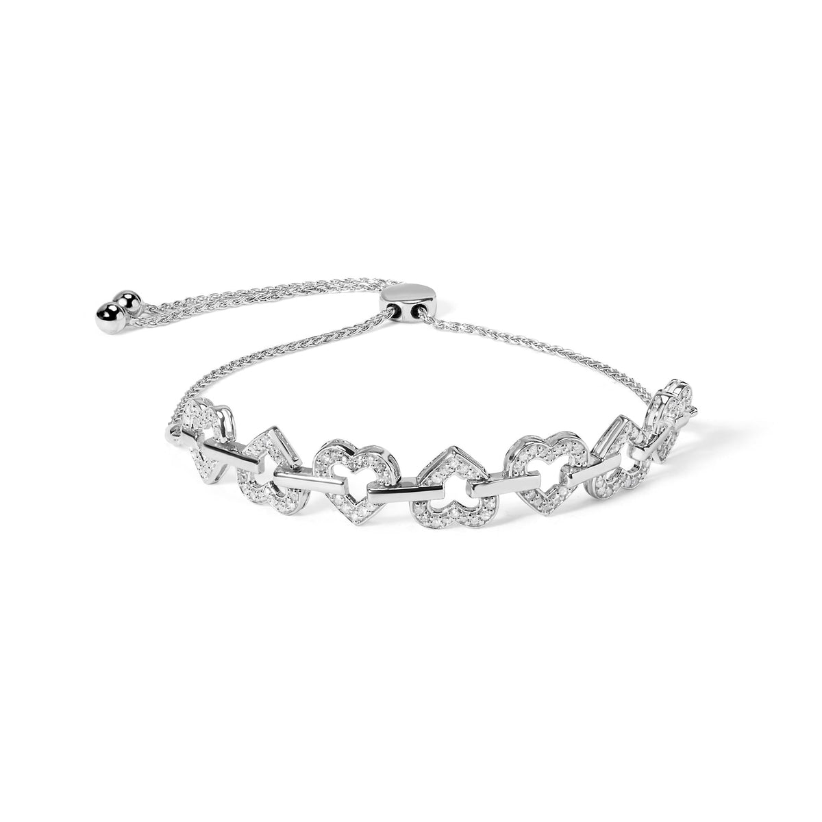 .925 Sterling Silver 1/2 Cttw Diamond Alternating Heart Link Adjustable Bolo Bracelet (I-J Color, I3 Clarity) - 4" to 10"