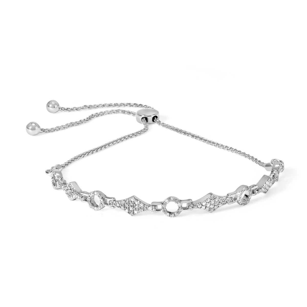 .925 Sterling Silver 1/2 Cttw Diamond Alternating Circle and Kite Link Adjustable Bolo Bracelet (I-J Color, I3 Clarity) - 4"