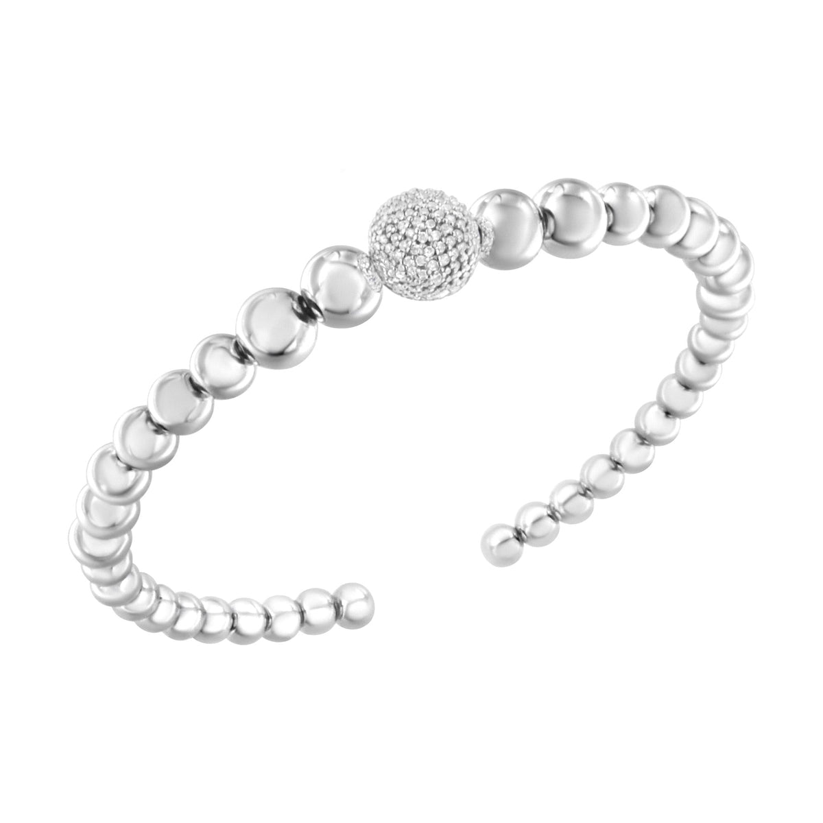 .925 Sterling Silver 1/6 Cttw Diamond Rondelle Graduated Ball Bead Cuff Bangle Bracelet (I-J color, I2-I3 clarity) - Fits