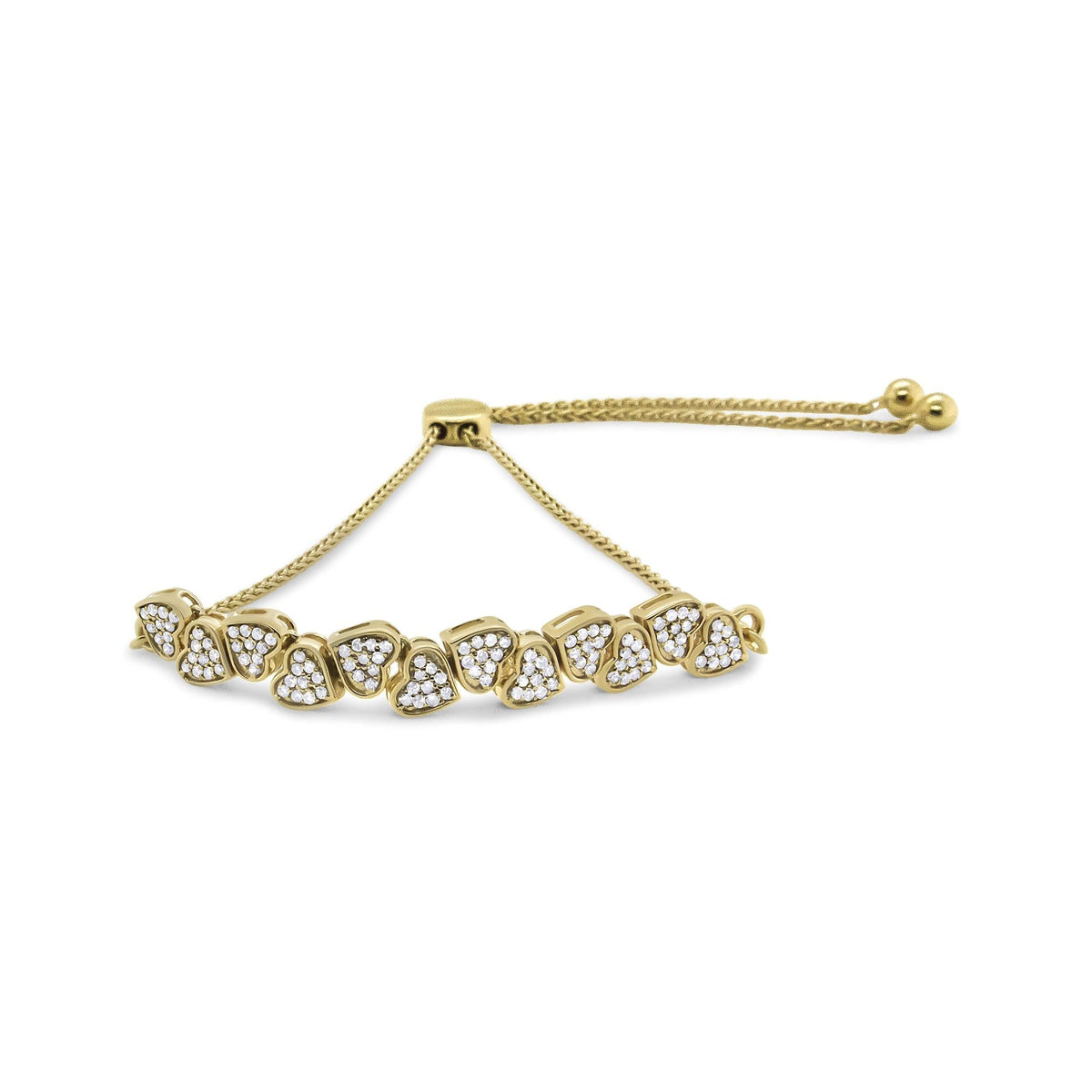 Yellow Gold Plated .925 Sterling Silver 1/2 Cttw Diamond Sideways Hearts Bolo Bracelet (H-I Color, I1-I2 Clarity) - 4”-10”