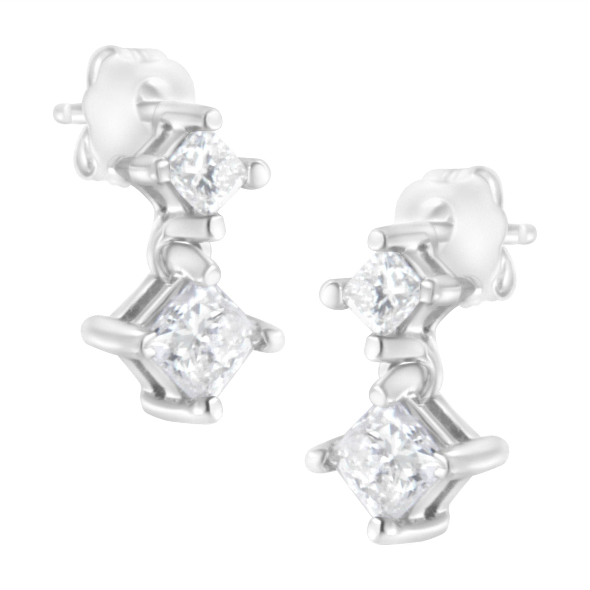 14K White Gold 3/4 cttw Double Diamond Princess-Cut Stud Earrings