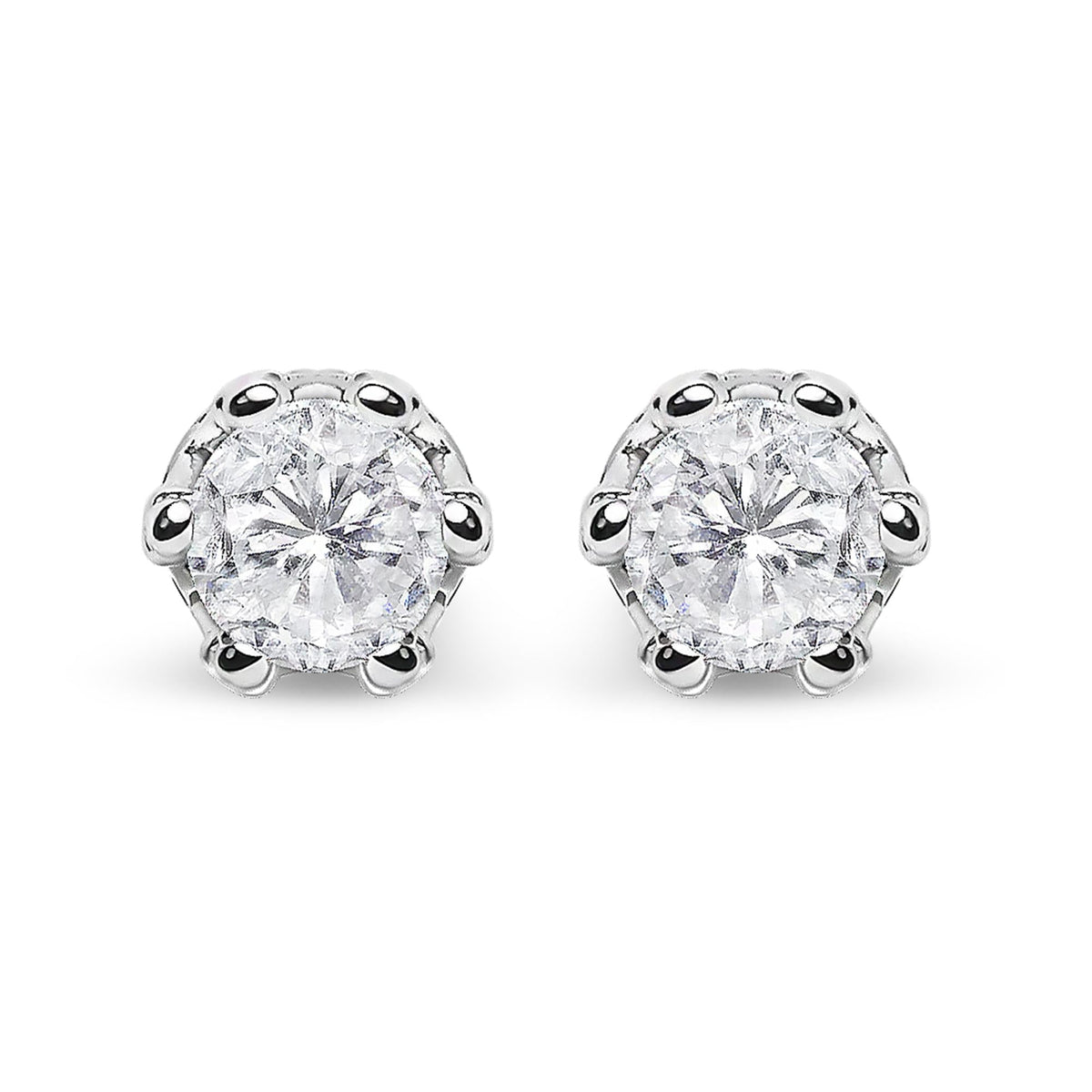 14K White Gold 1.0 Cttw Round Cut Prong-Set Diamond Crown Stud Earring (I-J Color, I1-I2 Clarity)