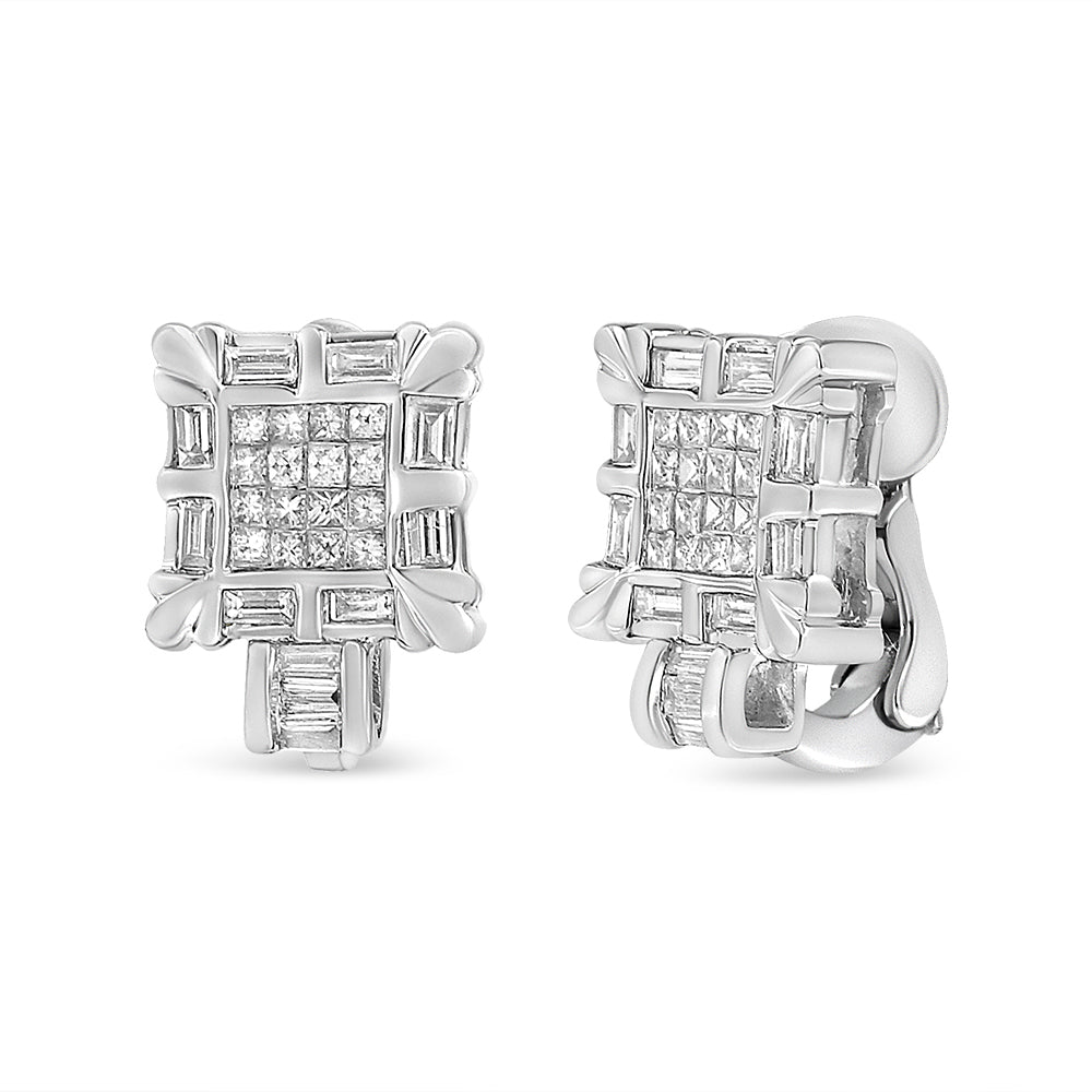 14K White Gold 1.0 Cttw Princess and Baguette-Cut Diamond Square Framed Huggie Hoop Omega Earrings (H-I Color, SI1-SI2