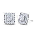 14K White Gold 1.0 Cttw Round Brilliant & Princess Cut Diamond Scallop-Edge Framed Square Halo Stud Earrings (G-H Color