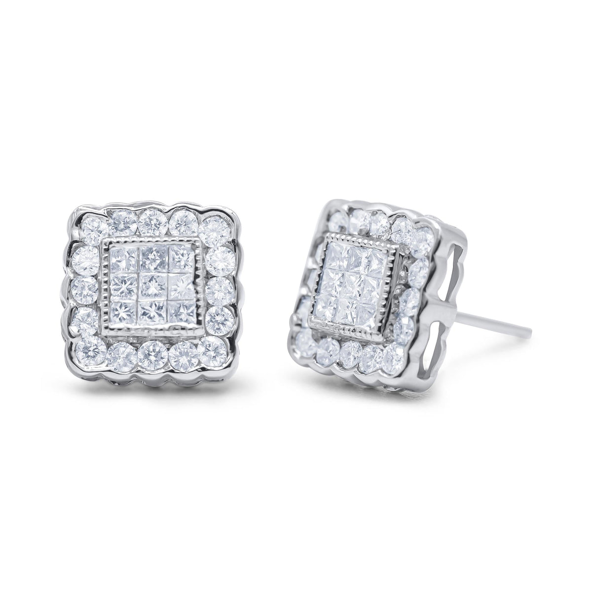 14K White Gold 1.0 Cttw Round Brilliant & Princess Cut Diamond Scallop-Edge Framed Square Halo Stud Earrings (G-H Color