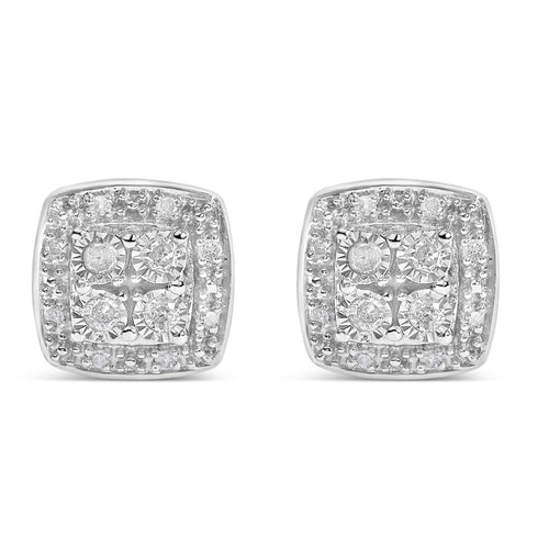 Pendientes de botón de plata de ley 925 con diseño cuadrado de diamantes de talla redonda de 1/4 cttw. y milgrain (color I-J, claridad I3)
