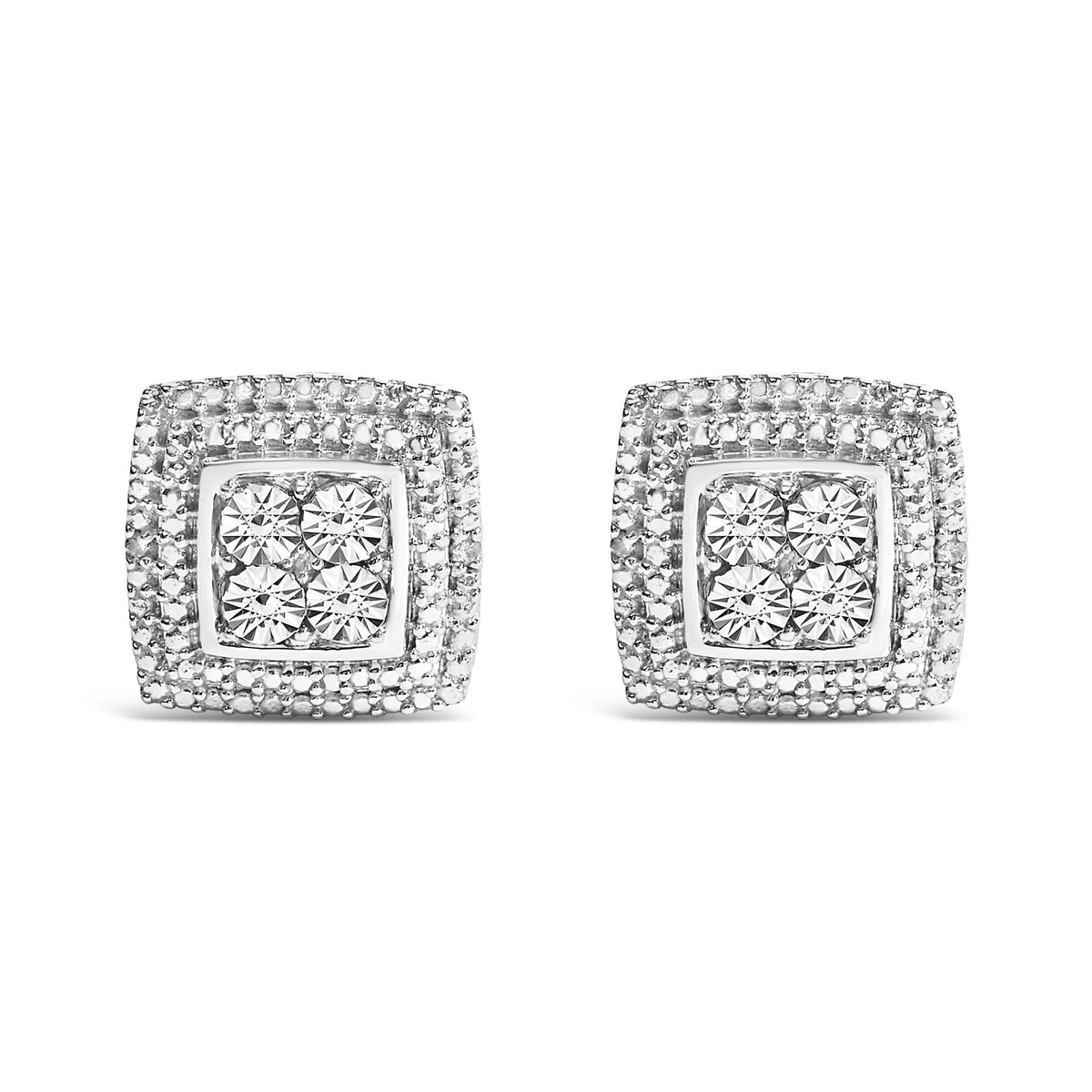 .925 Sterling Silver Diamond Accented Square Shaped Milgrain Stud Earrings